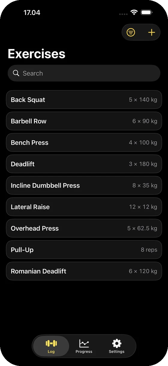 FistPump exercise list showing recent sets for each lift