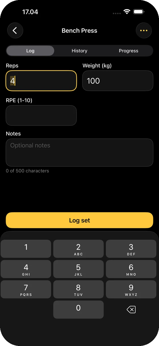 FistPump set logging screen with reps, weight, RPE and notes
